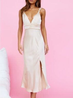 Hello Molly champagne slip dress. Miles of isla midi dress champagne